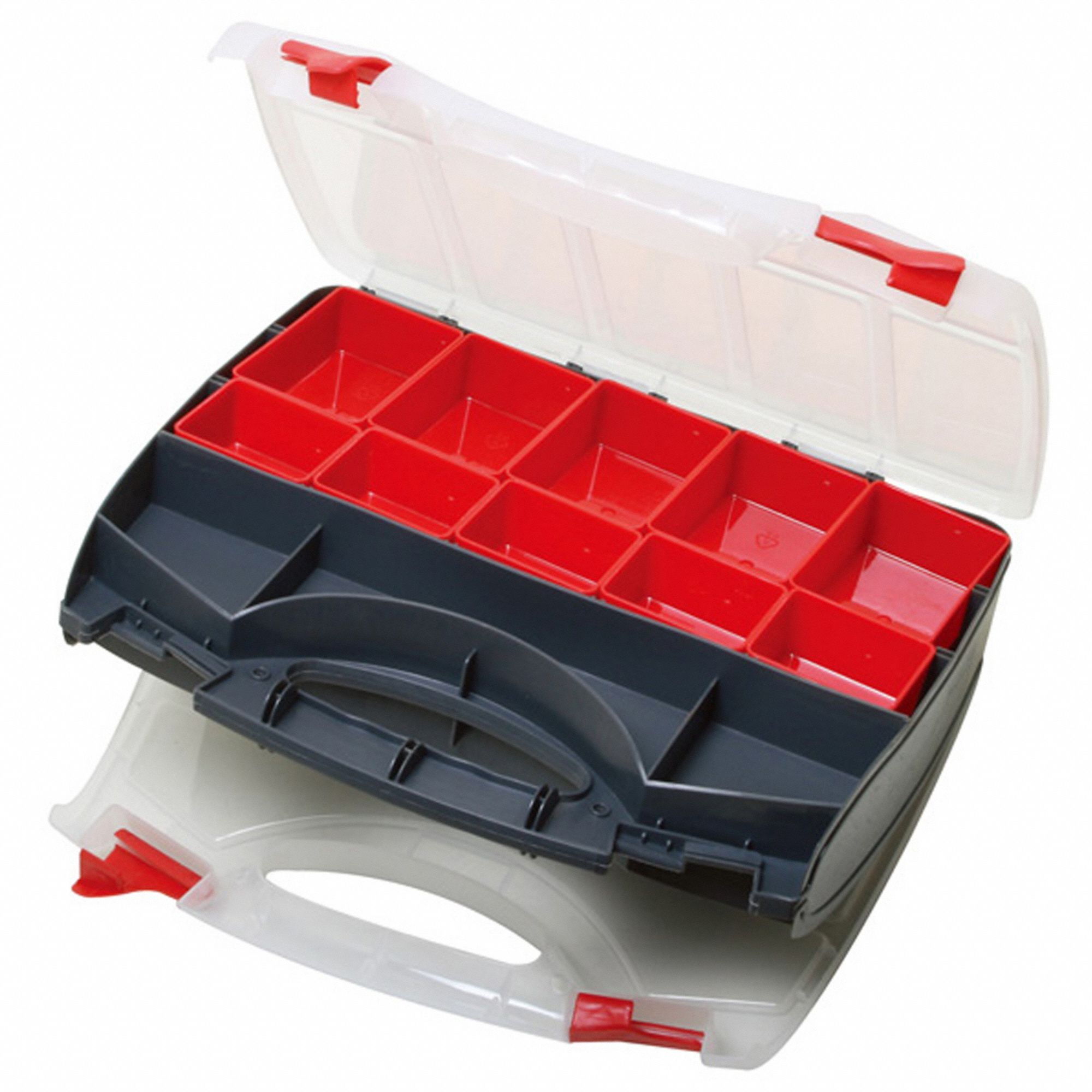 Compartment Box: 13 3/4 in x 11 1/4 in x 3 1/4 in, Red/Black, 15 Compartments, Double Latch