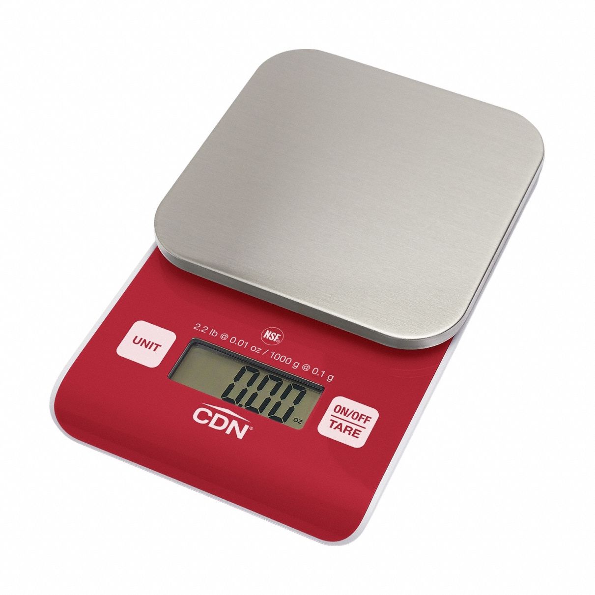 CDN Food Scale: 4 1/2 in Weighing Surface Dp, 4 1/2 in Weighing Surface Wd, 1 in Overall Ht, LCD (MPN SD0202-R). Key specifications — Readability: 0.01 oz/0.1 g; Brand: CDN.