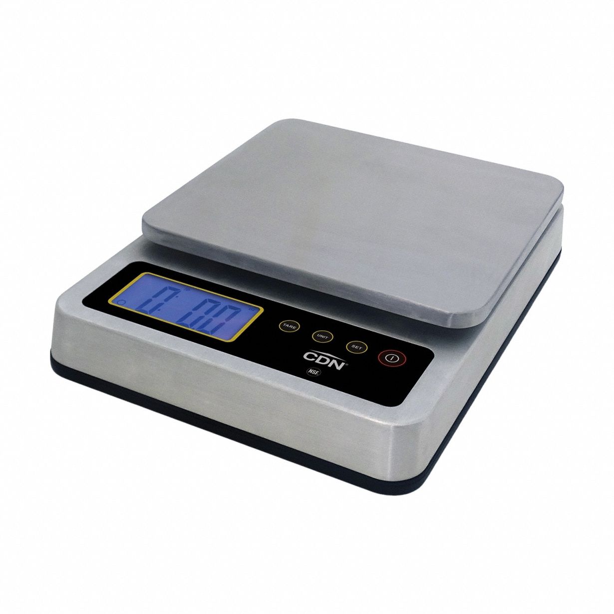 CDN Food Scale: 6 3/4 in Weighing Surface Dp, 7 1/4 in Weighing Surface Wd, 2 1/4 in Overall Ht, LCD (MPN SD2210X). Key specifications — Readability: 1 g; Brand: CDN; IP Rating: IP67.