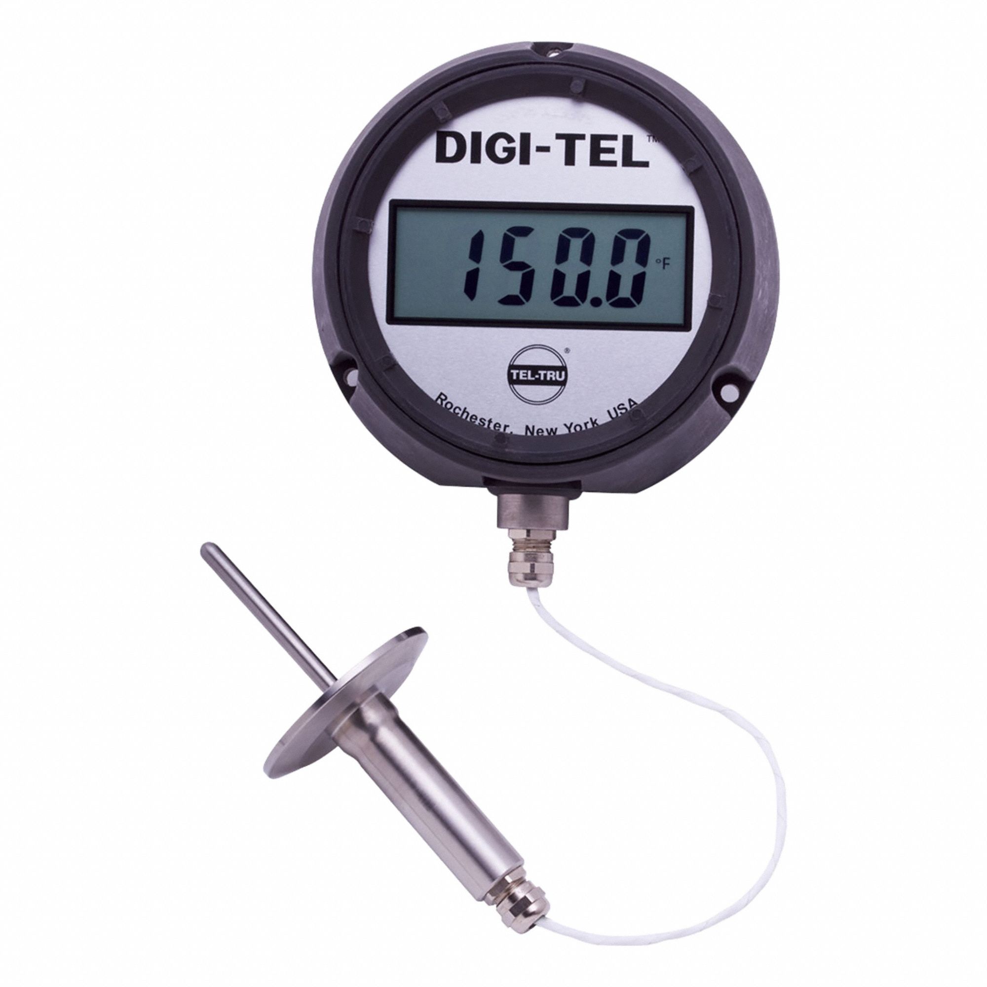 TEL-TRU Digital Thermometer: -75°F to 750°F /-60°C to 400°C, +/- 0.5F, 4.5 in Dial Dia (MPN SD4RB09113-P22023-20-C1010). Key specifications — Brand: TEL-TRU; Accuracy: +/- 0.5F.