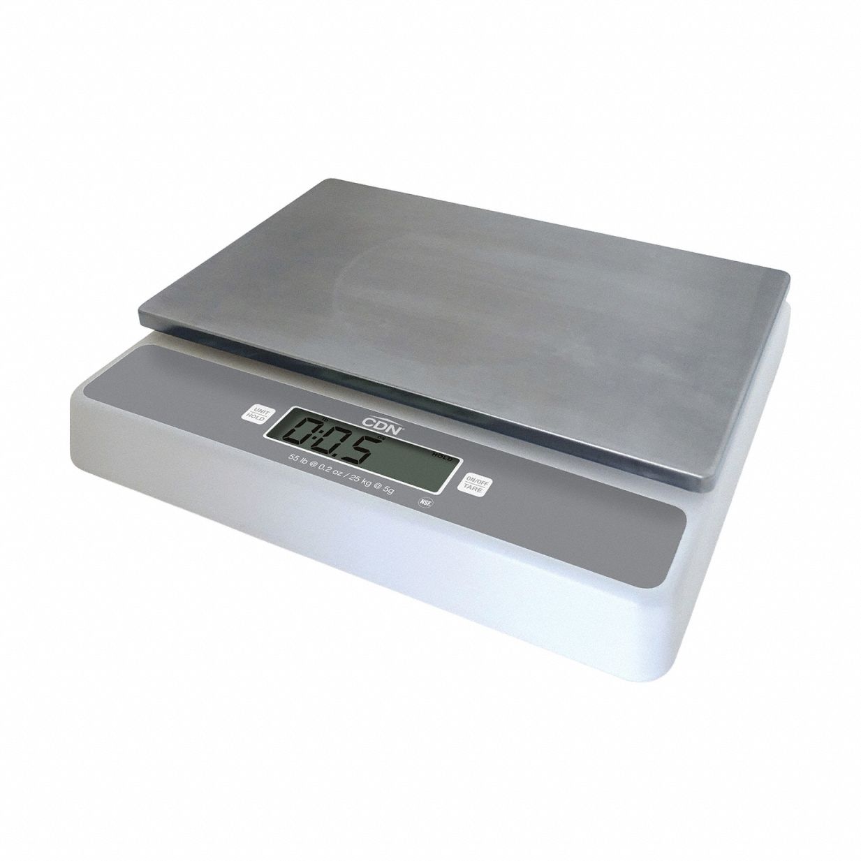 CDN Food Scale: 7 1/8 in Weighing Surface Dp, 11 3/8 in Weighing Surface Wd, 2 1/2 in Overall Ht (MPN SD5502). Key specifications — Readability: 0.2 oz/5 g; Brand: CDN; IP Rating: IP54.
