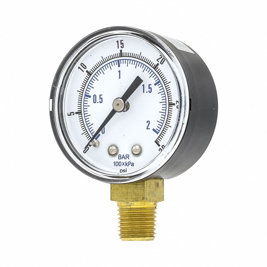 Pressure Gauge: 0 psi / Hg to 30 psi, 2 in Dial, 1/4 in NPT Male, Bottom, Copper