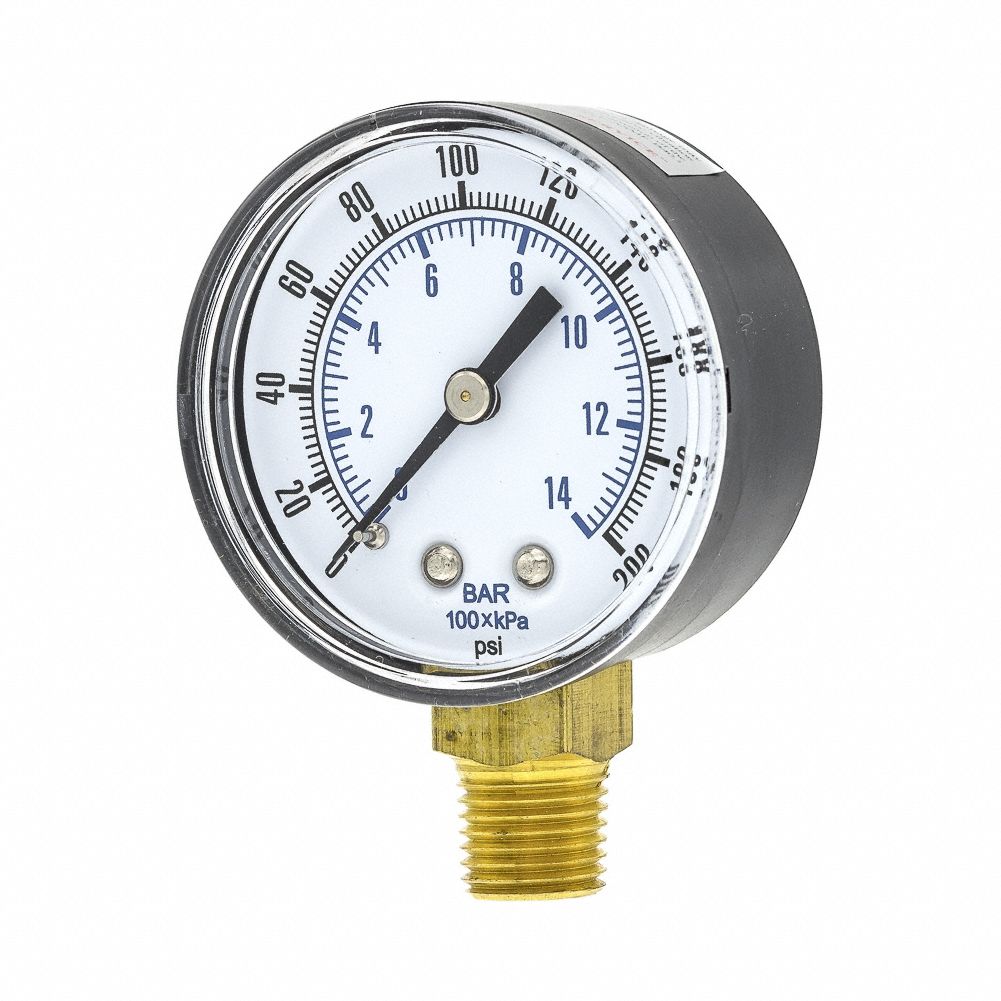 Pressure Gauge: 0 psi / Hg to 200 psi, 2 in Dial, 1/4 in NPT Male, Bottom, Copper