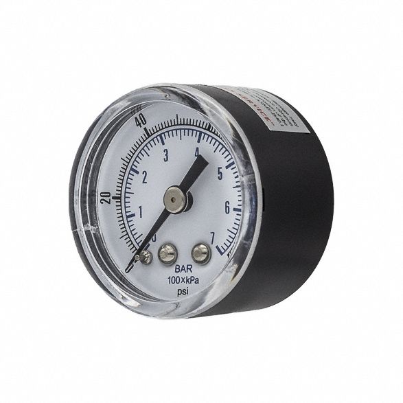 Pressure Gauge: 0 psi / Hg to 160 psi, 1 1/2 in Dial, 1/8 in NPT Male, Center Back