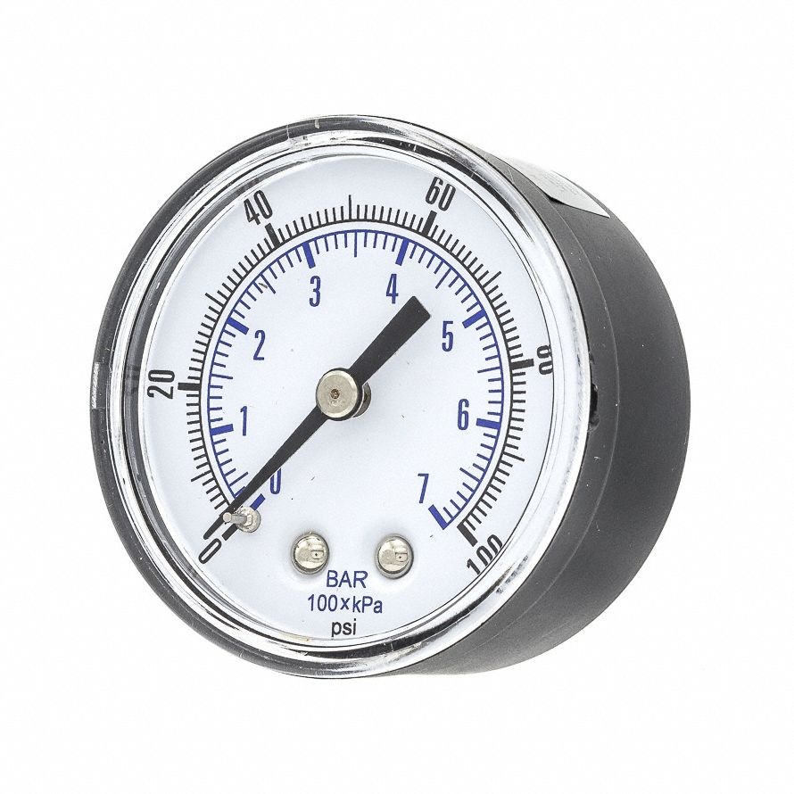 Pressure Gauge: 0 psi / Hg to 100 psi, 2 in Dial, 1/4 in NPT Male, Center Back