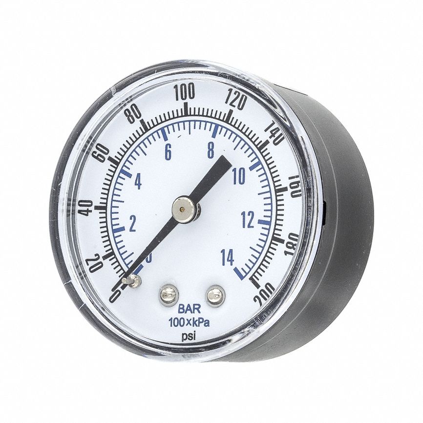 Pressure Gauge: 0 psi / Hg to 200 psi, 2 in Dial, 1/4 in NPT Male, Center Back