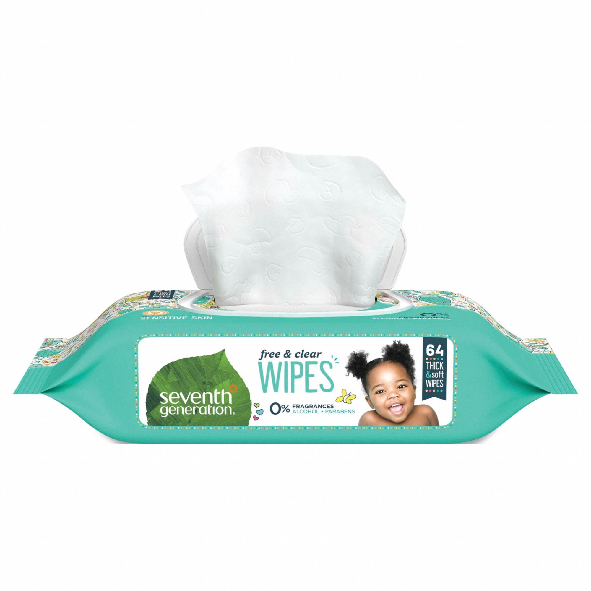 Baby Wipes: 64 Wipes per Container, 7 in Wipe Lg, 6.81 in Wipe Wd, White, 12 PK