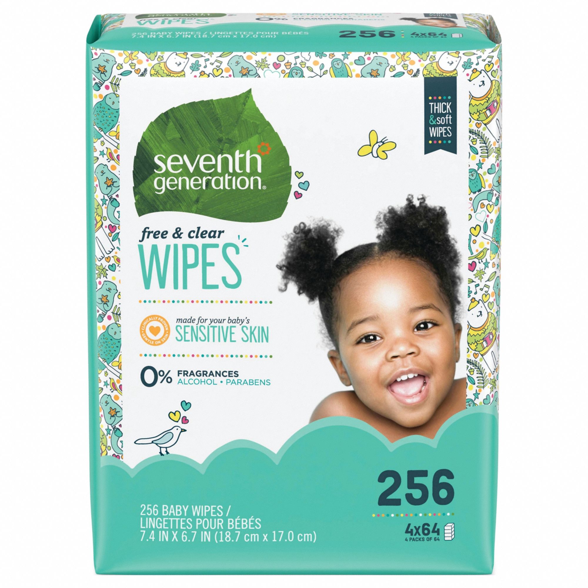 Baby Wipes: 64 Wipes per Container, 7 in Wipe Lg, 7 in Wipe Wd, Aloe, 256 PK