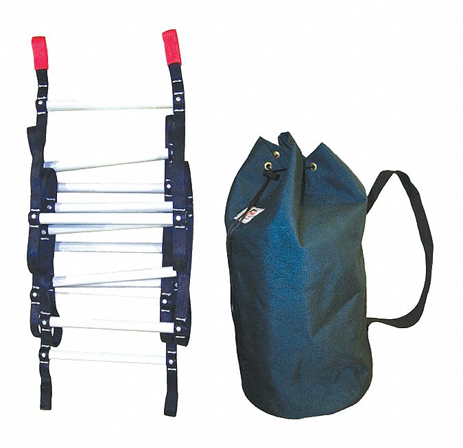 RESCUE LADDER, WEB RAIL, LOOP SHOE, ROUND RUNGS, 11 IN SPACING, 10 FT X 14 1/4 IN, NYLON WEBBING