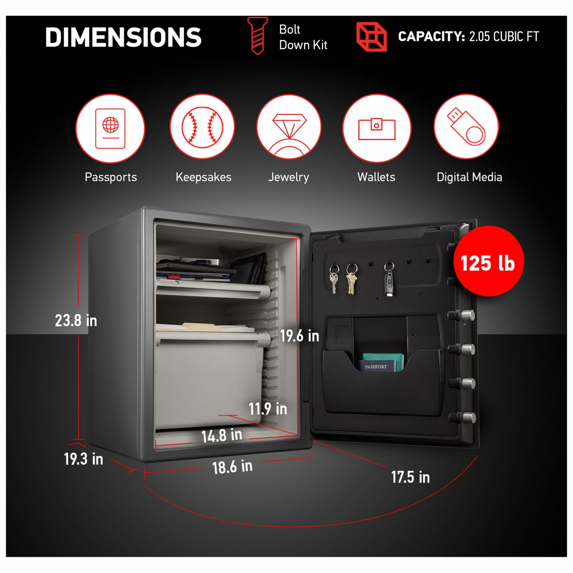 SENTRY SAFE Fire Safe Gray, 125 lb Net Wt, 2.05 cu ft Capacity, 8 in
