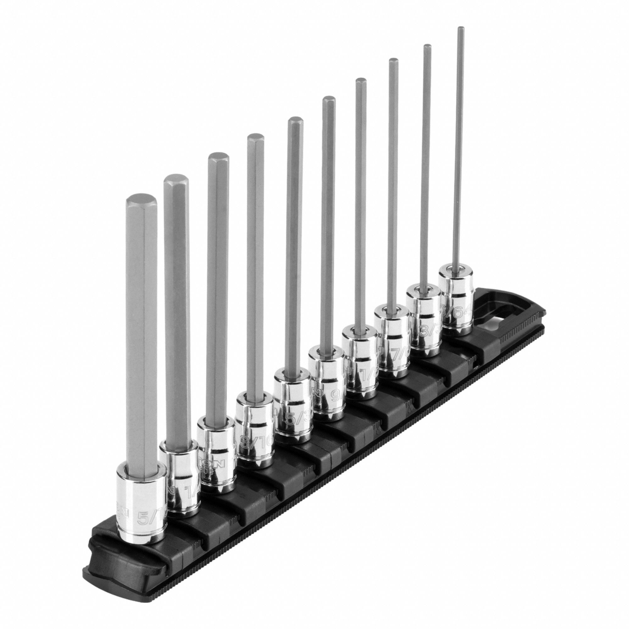 Socket Bit Set: 1 - 25 Pieces, 1/4 in Drive Size, 10 Pieces, 8 1/8 in Overall Lg, SAE