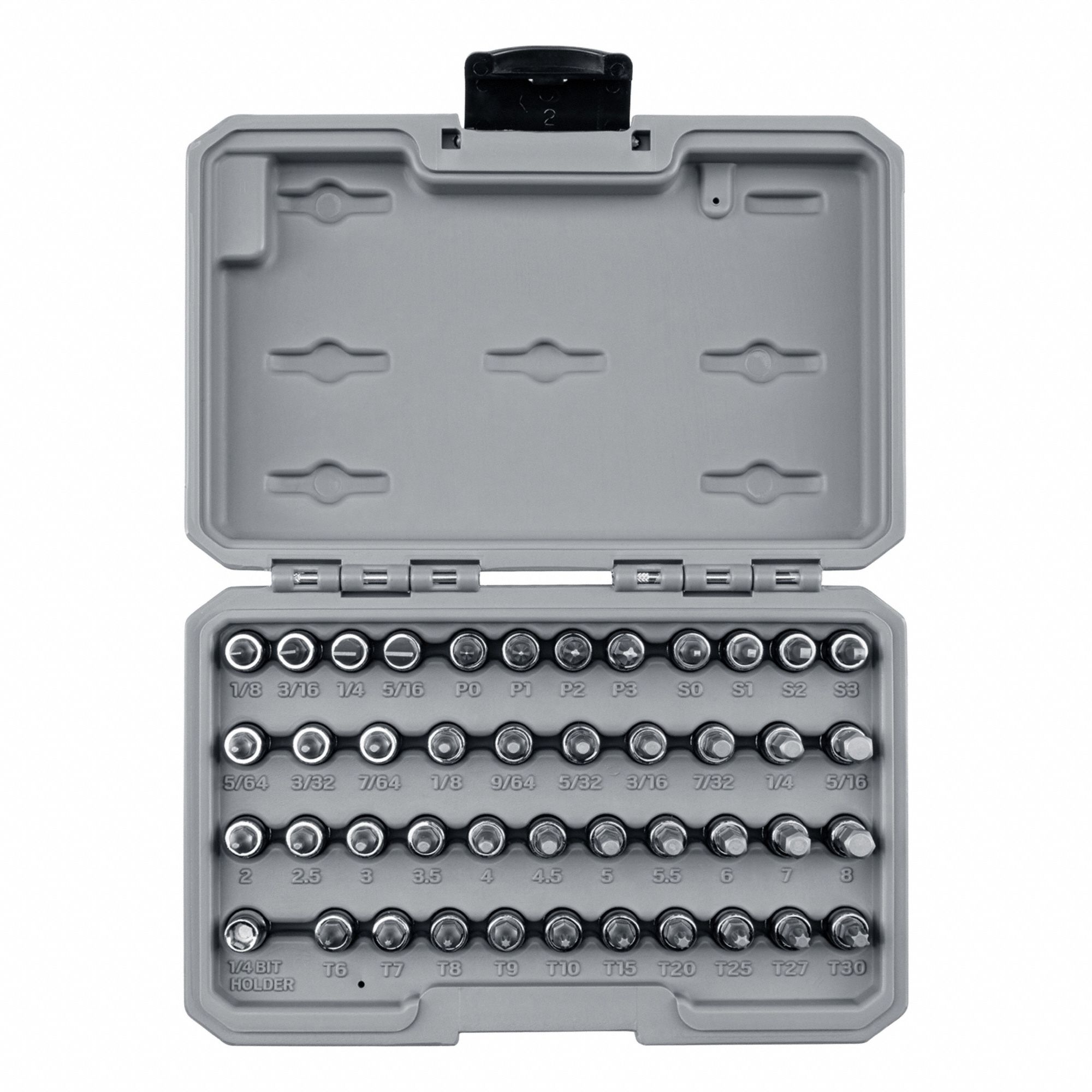 Socket Bit Set: 26 - 50 Pieces, 1/4 in Drive Size, 44 Pieces, 8 3/8 in Overall Lg