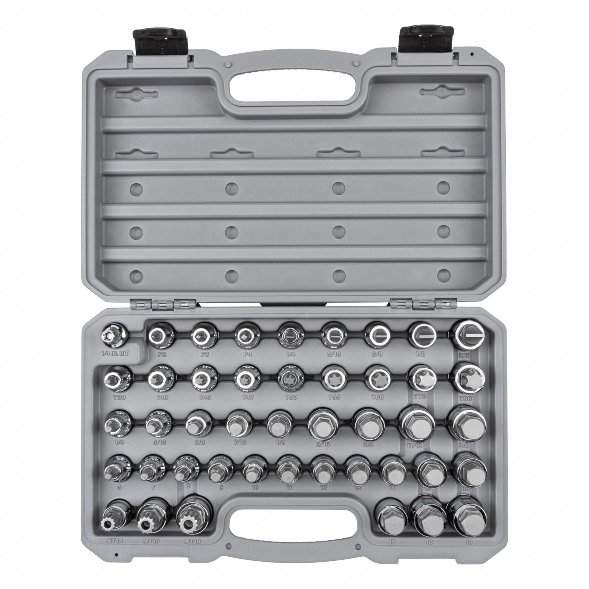 Socket Bit Set: 26 - 50 Pieces, 1/2 in Drive Size, 44 Pieces, 15 3/8 in Overall Lg