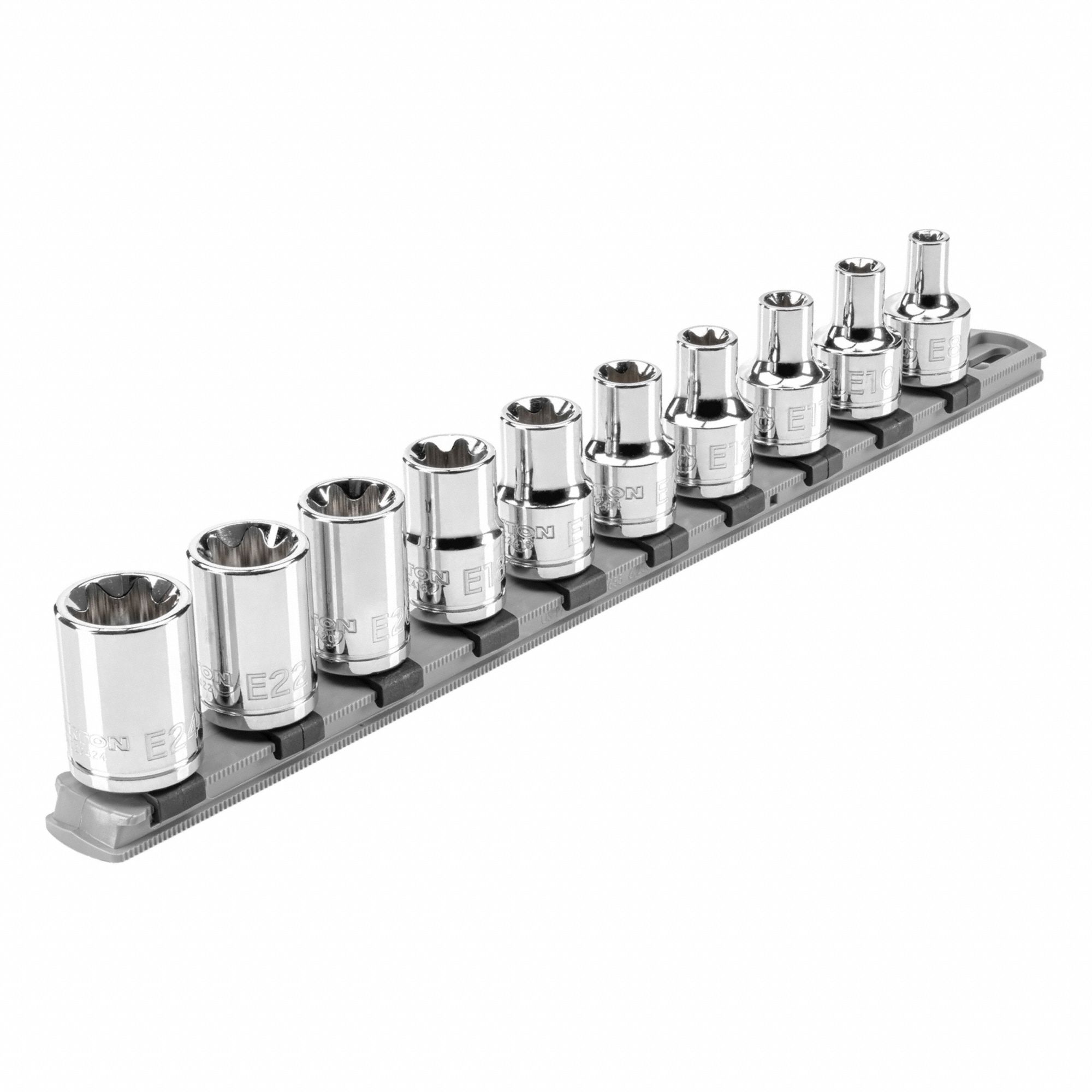 Socket Set: 1/2 in Drive, 10 Piece, External Torx, Torx, E8 to E24