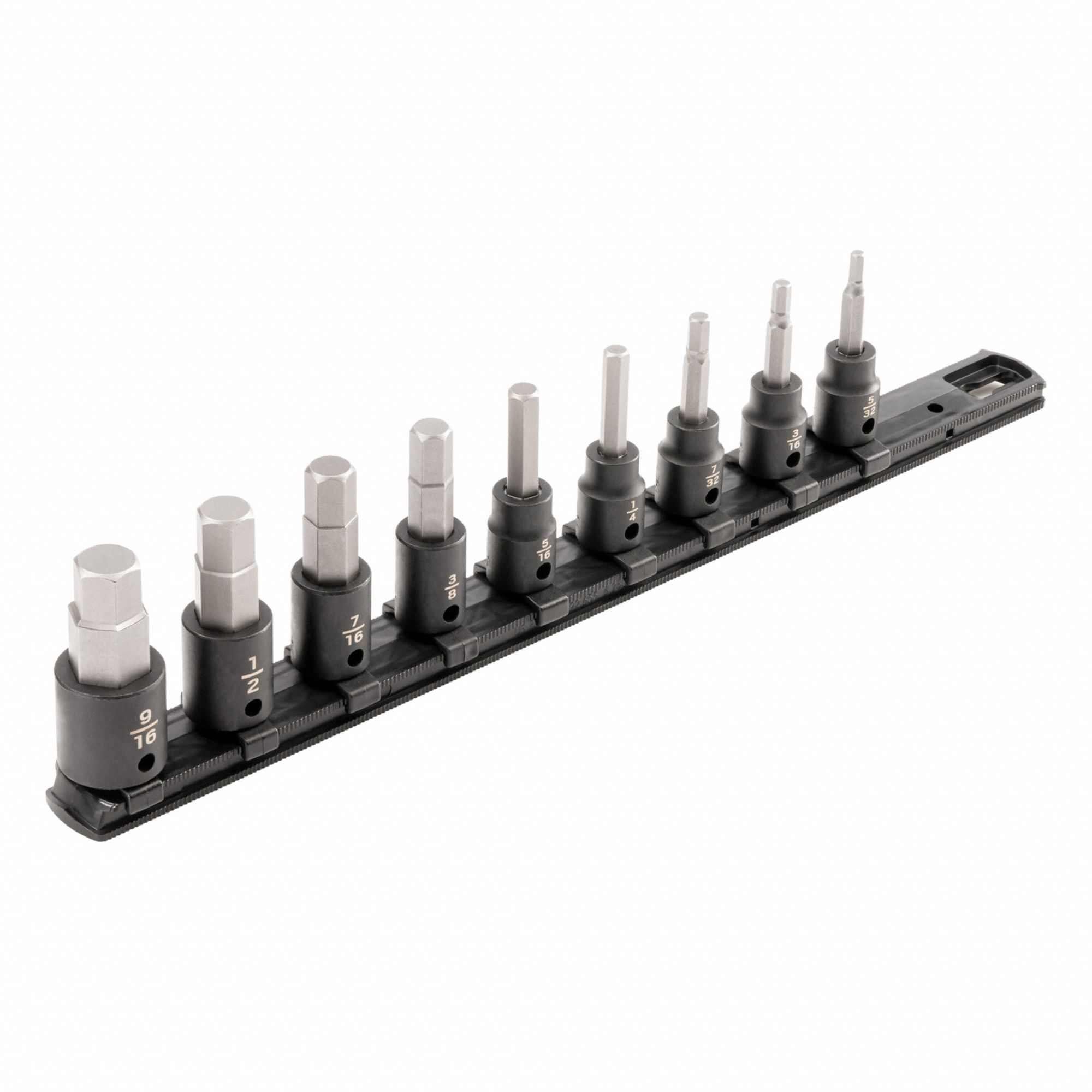 Socket Set: SAE, 3/8 in Drive Size, 9 Pieces, Fixed Insert, Hex Tip