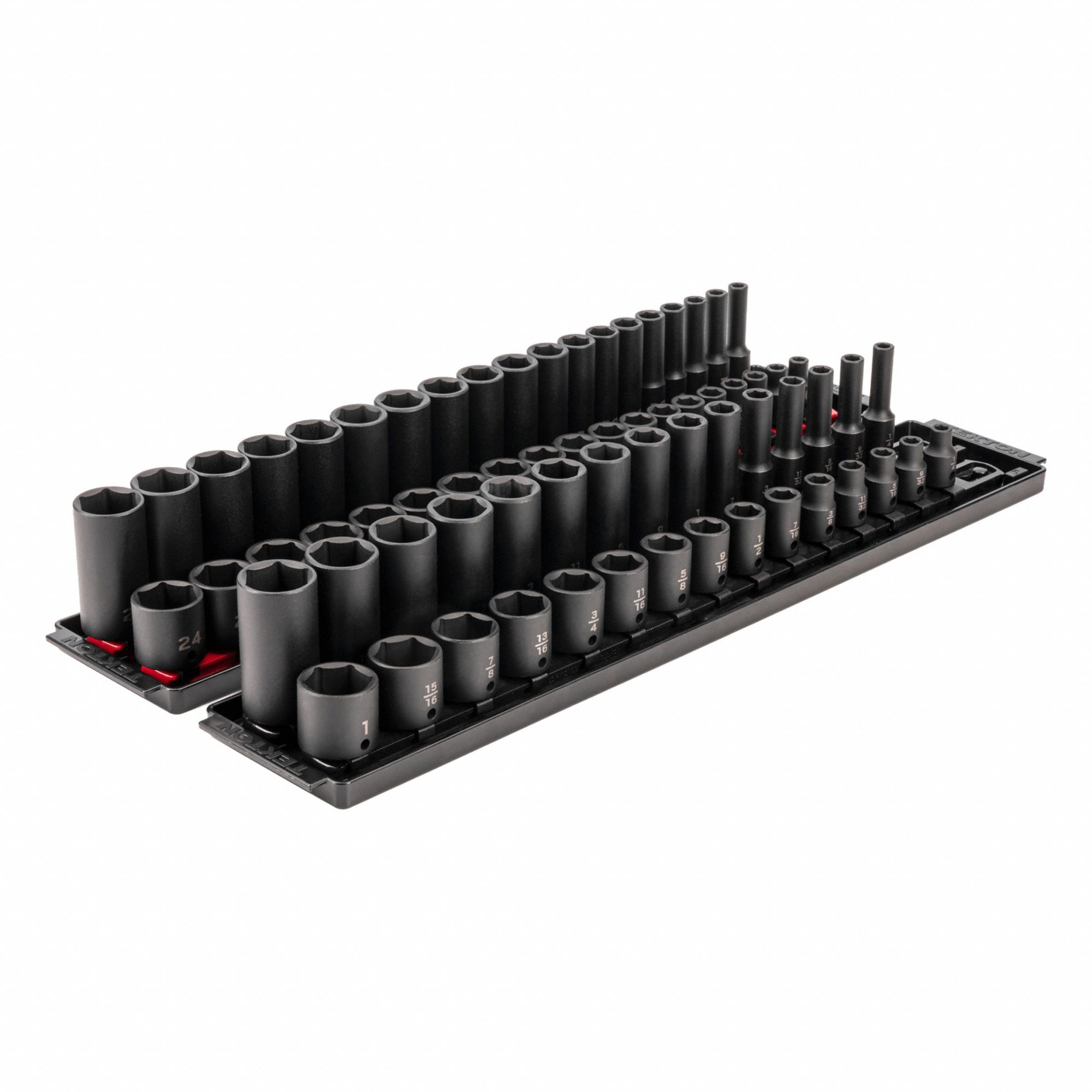 Impact Socket Set: 3/8 in Drive Size, 68 Pieces, 1/4 to 1 in/6 mm to 24 mm Socket Size Range