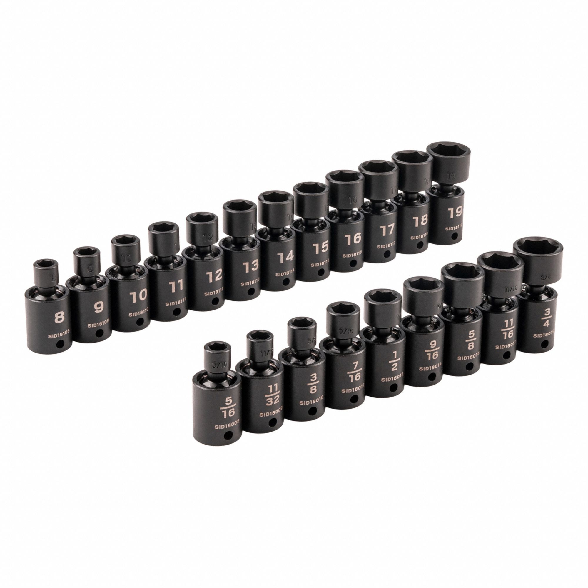 Flex Impact Socket Set: 3/8 in Drive Size, 21 Pieces, (0) 6-Point, (0) 6-Point