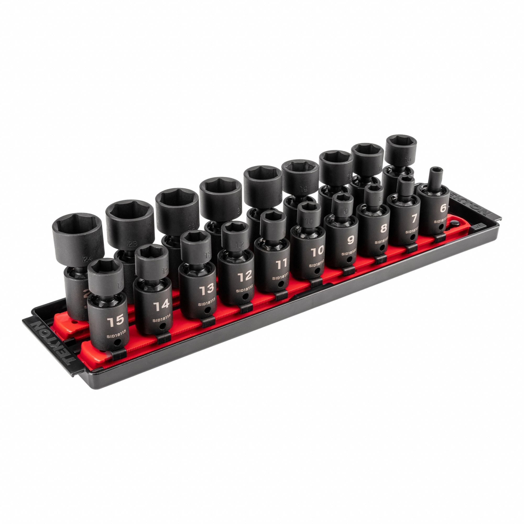 Flex Impact Socket Set: 3/8 in Drive Size, 19 Pieces, 6 mm to 24 mm Socket Size Range