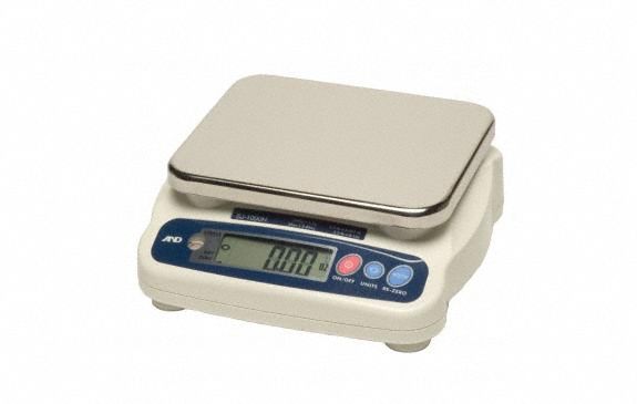 A&D WEIGHING Food Scale: 7 1/2 in Weighing Surface Dp, 9 1/8 in Weighing Surface Wd, Backlit LCD (MPN SJ-15KWP-BTF). Key specifications — Connection Ports: Bluetooth; Readability: 0.0005 kg/0.001 lb/0.02 oz/0.1 lb-oz; Brand: A&D WEIGHING; IP Rating: IP67.