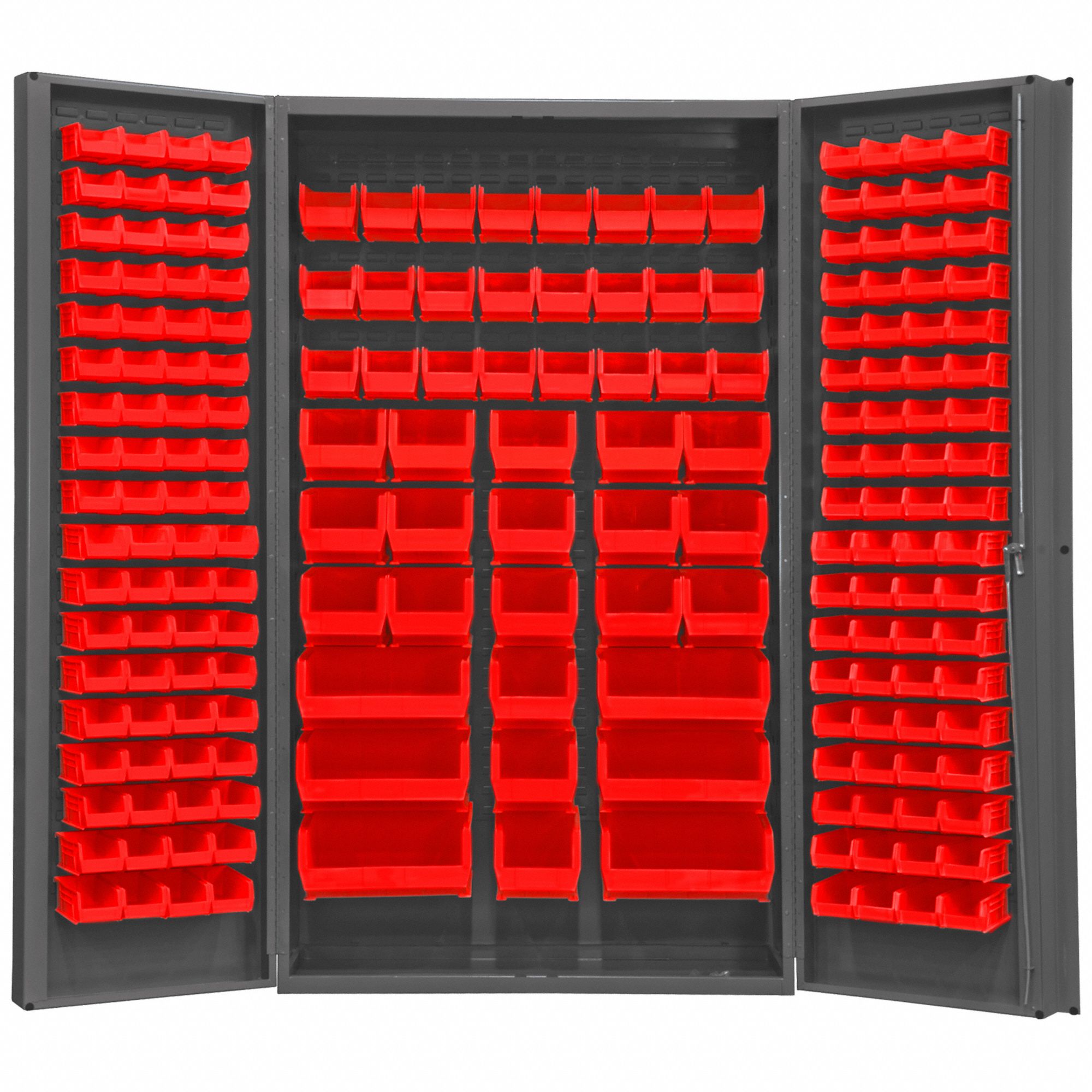 Bin Cabinet: 48 in x 24 in 84 in, 0 Shelves, 192 Bins, Red, Deep Box, 14 ga Panel, Gray