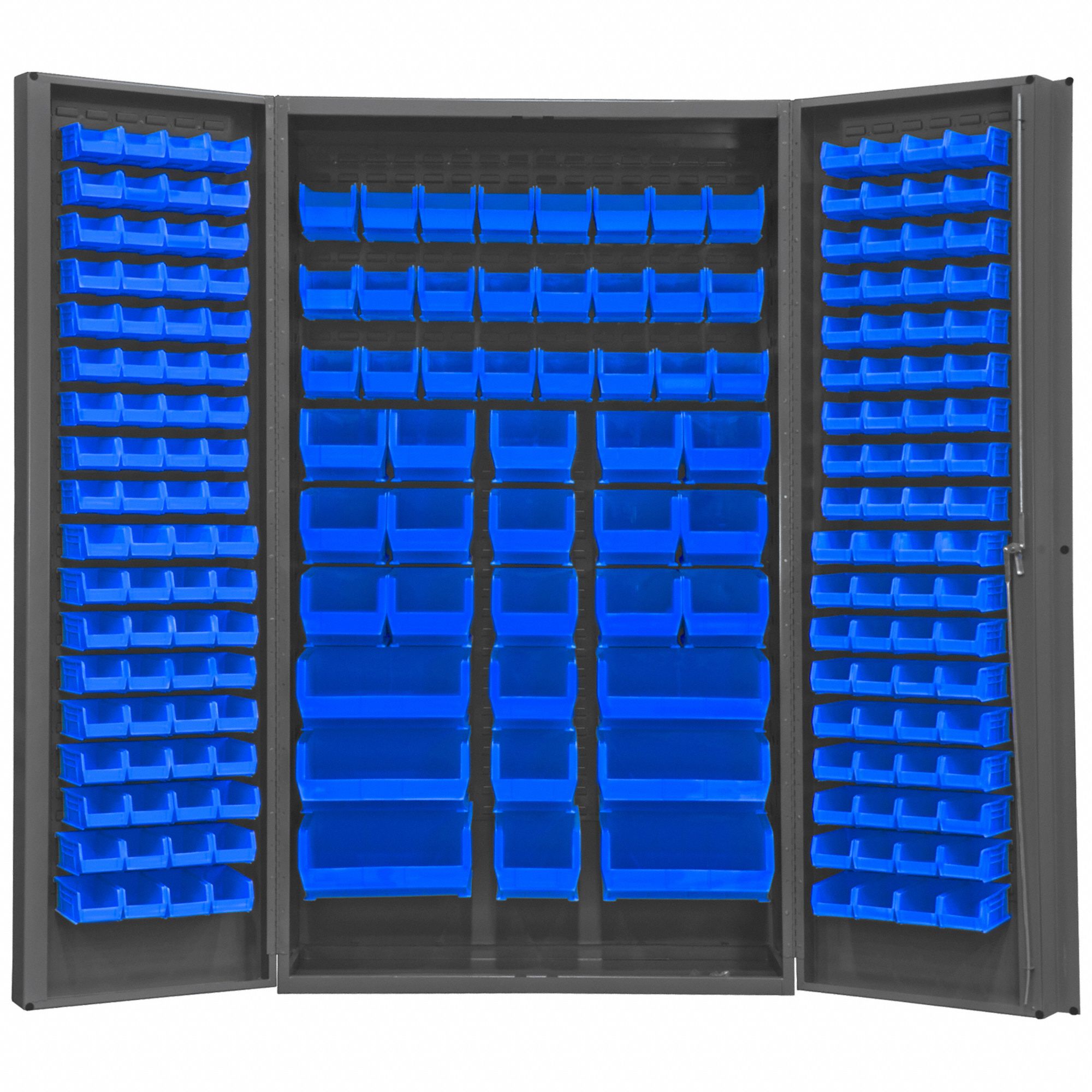 Bin Cabinet: 48 in x 24 in 84 in, 0 Shelves, 192 Bins, Blue, Deep Box, 14 ga Panel, Gray