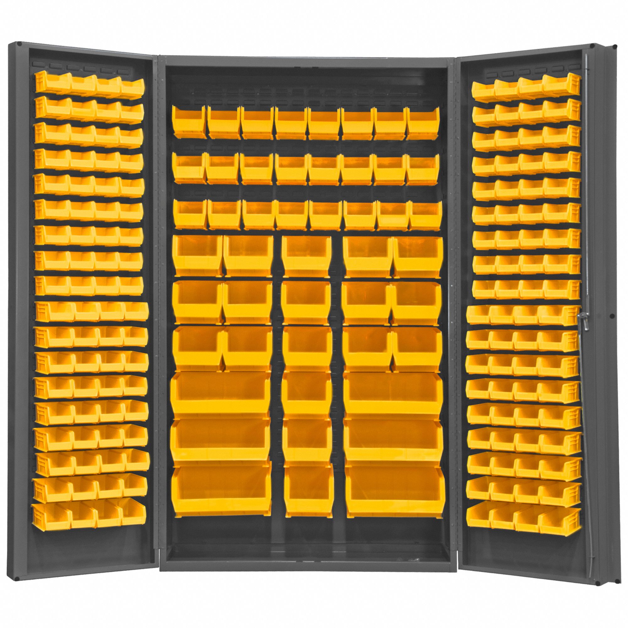 BIN CABINET, 48 IN X 24 IN 84 IN, 192 BINS, YELLOW, DEEP BOX, 14 GA PANEL