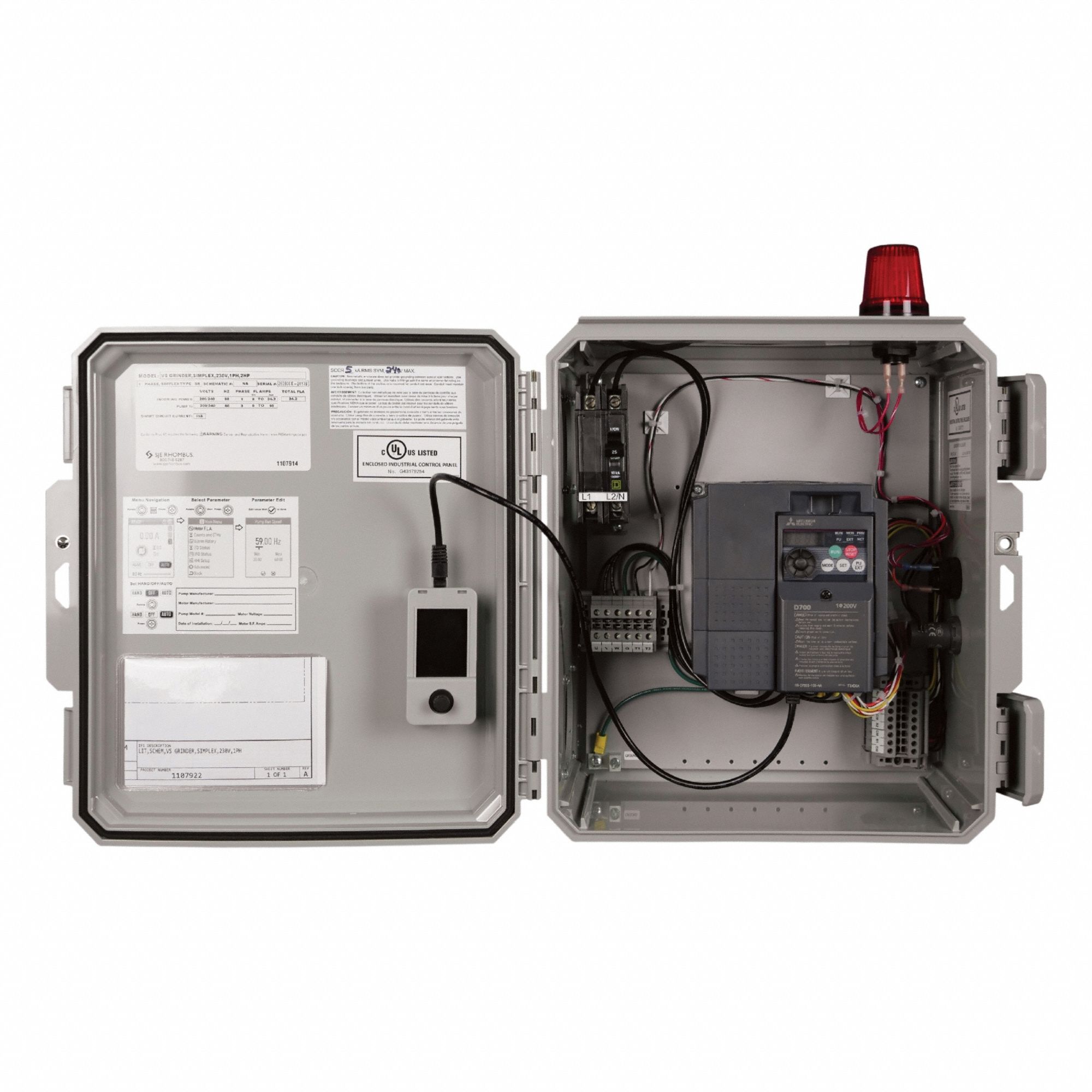 Grinder Simplex Panel: Simplex, 3, 208 to 240V AC, 11 A, Sensor, 0 Switches Included, 3R