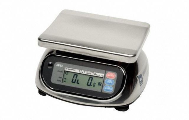 A&D WEIGHING Food Scale: 7 1/2 in Weighing Surface Dp, 9 1/8 in Weighing Surface Wd, LCD, SK-1000WPF. Key specifications — Readability: 0.001 lb/0.5 g; Brand: A&D WEIGHING; IP Rating: IP65.