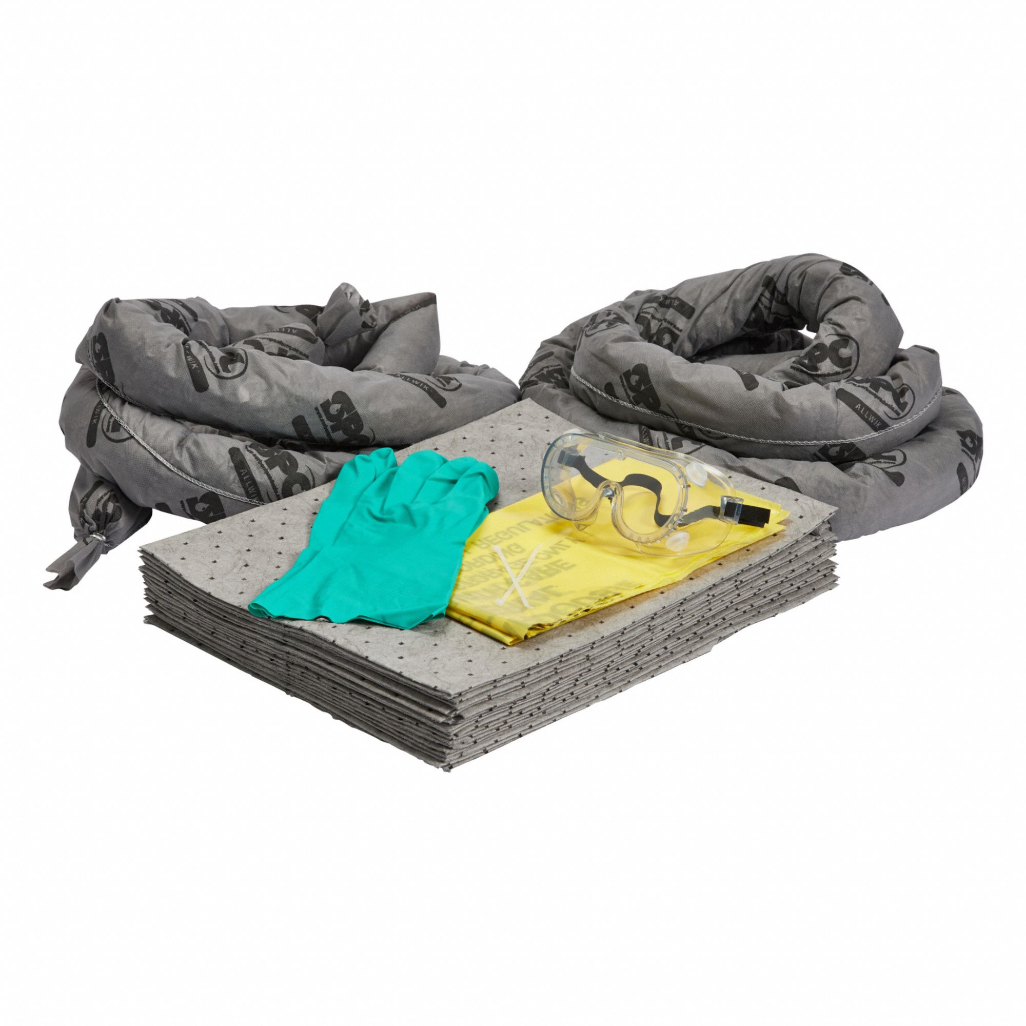 Spill Kit Refill: 12 gal Volume Absorbed Per Kit, (1) Pr Goggles/(1) Pr Nitrile Gloves, Gray