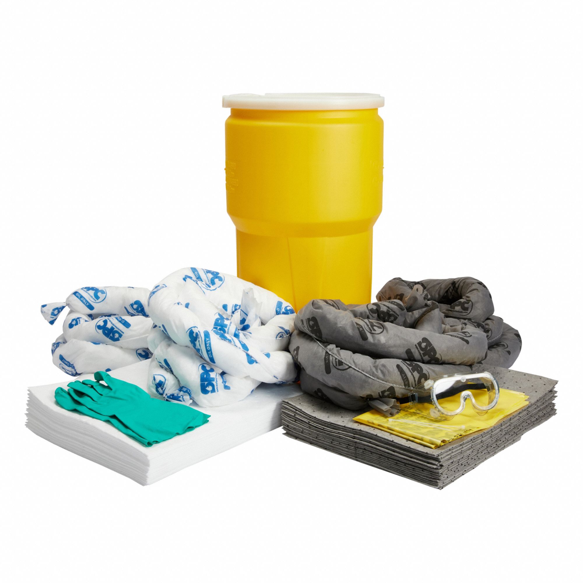 Spill Kit: 13 gal Volume Absorbed Per Kit, 14 gal Drum, (1) Pr Goggles/(1) Pr Nitrile Gloves