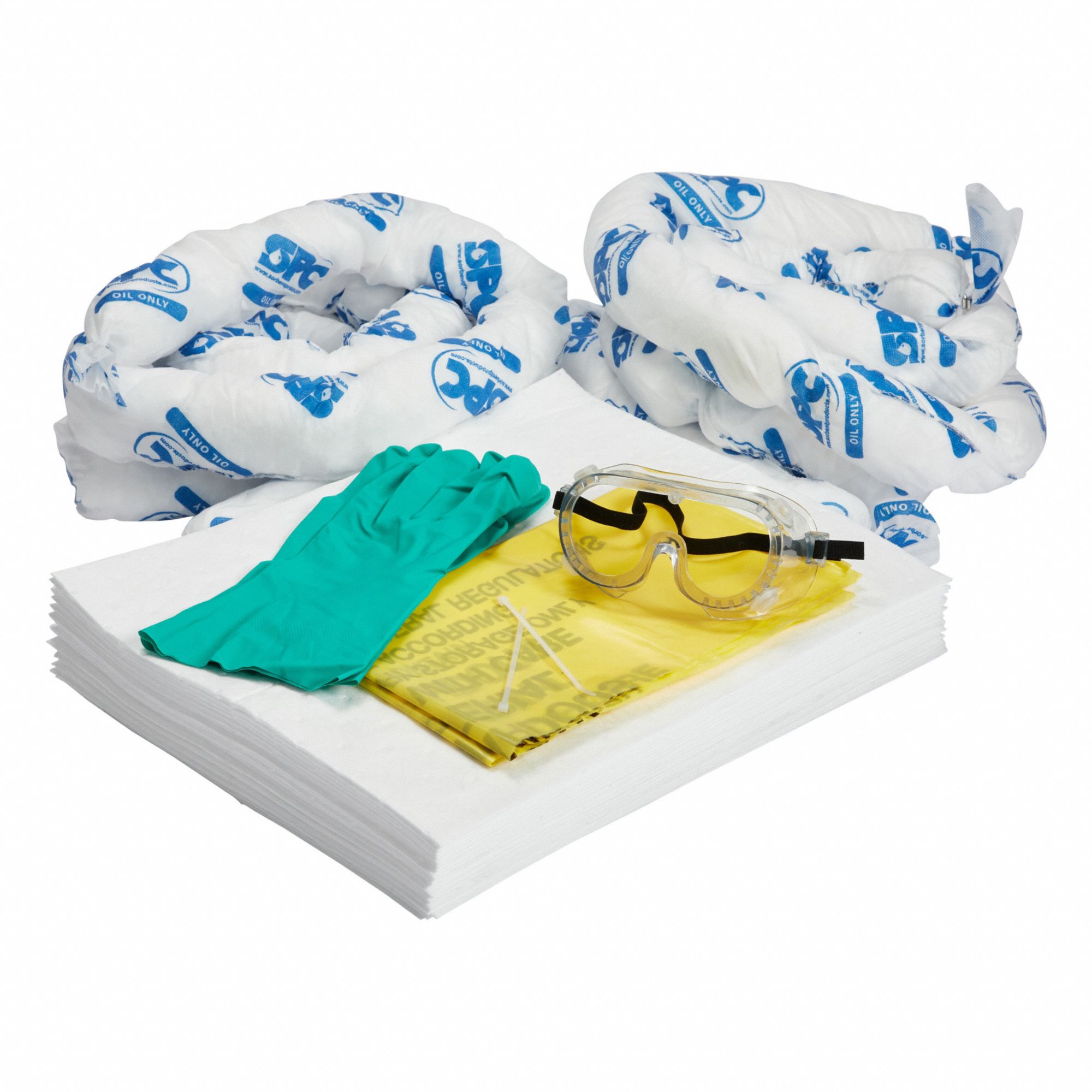 Spill Kit Refill: 13 gal Volume Absorbed Per Kit, (1) Pr Goggles/(1) Pr Nitrile Gloves, White