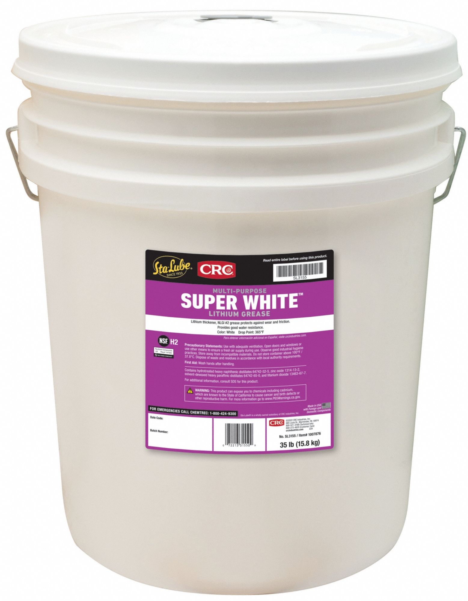 Multipurpose Grease: Pail, 35 lb Container Size, 2, Lithium, 165 ISO Viscosity Grade, White