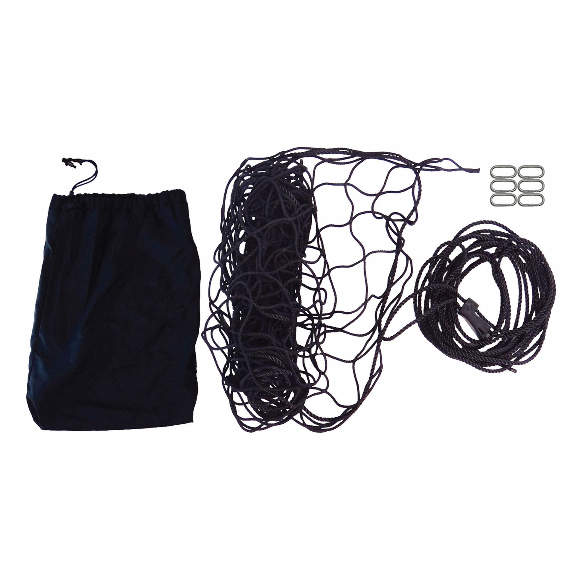Cargo Net: Black, Nylon, 6 Snap-Hook Carabiner/Cinch Rope/Storage Bag, 400 lb/in Tensile Strength