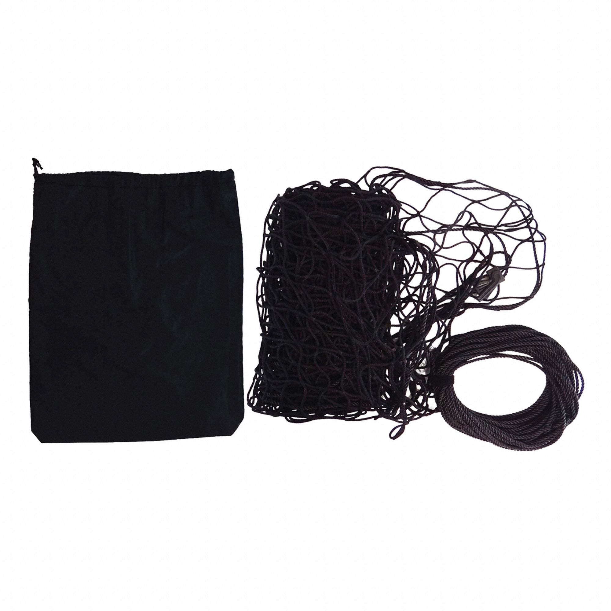 Cargo Net: Black, Nylon, 12 Snap-Hook Carabiner/Cinch Rope/Storage Bag, 400 lb/in Tensile Strength
