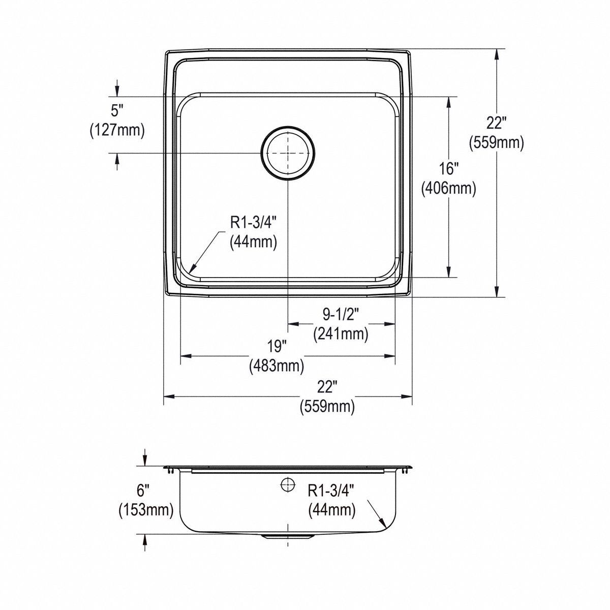 Bowl Drop-In Sink: 22 in Overall Lg, 21 in Overall Wd, 6 in Bowl Dp, 1 Bowls