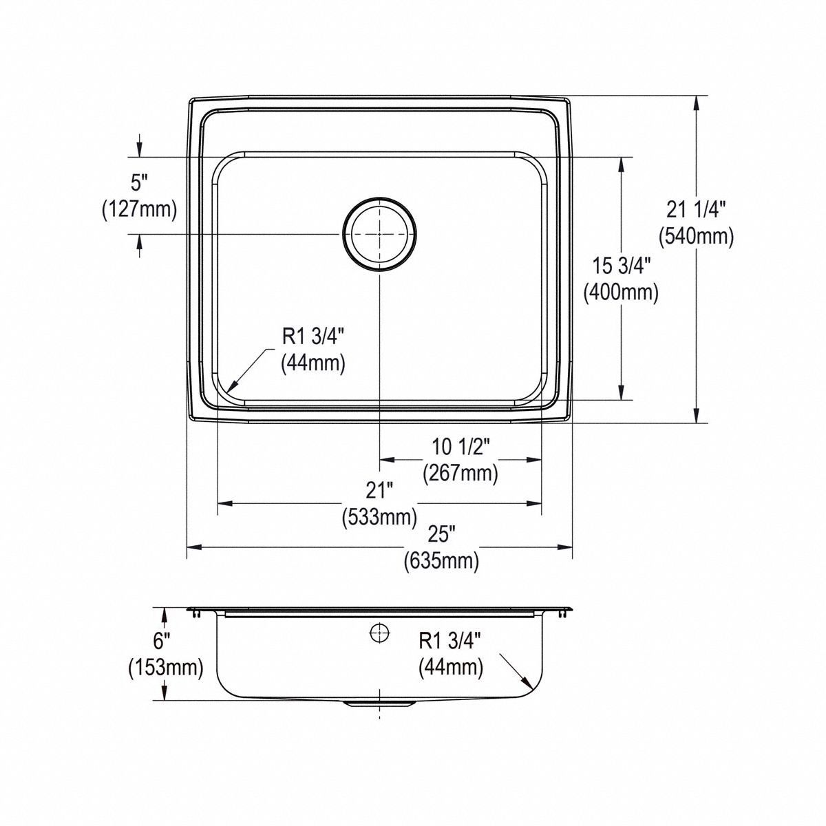 Bowl Drop-In Sink: 25 in Overall Lg, 21 1/4 in Overall Wd, 6 in Bowl Dp, 1 Bowls