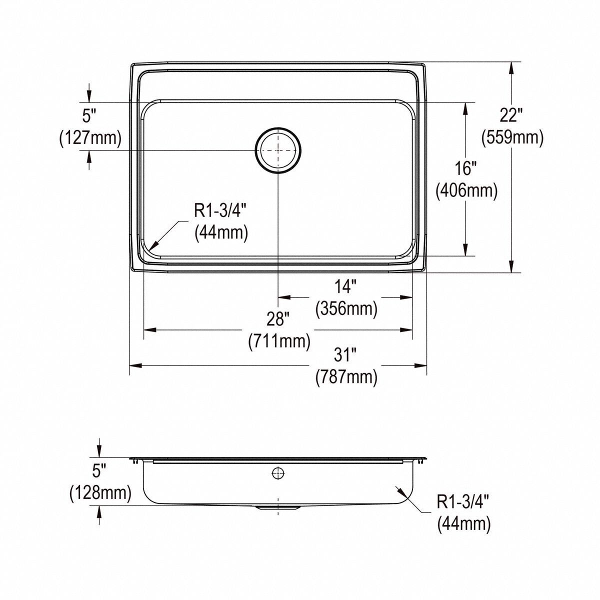 Bowl Drop-In Sink: 31 in Overall Lg, 21 1/4 in Overall Wd, 5 in Bowl Dp, 1 Bowls