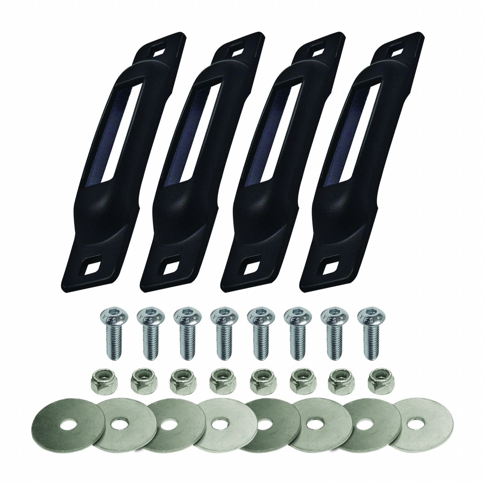 E-Track: E-Track Anchor, 2 Mounting Holes, 2 in Compatible Strap Wd - Min, Fixed, Steel, Black, 4 PK