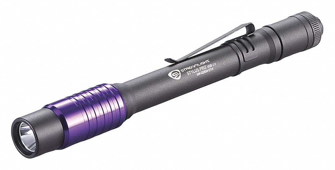 PEN LIGHT, LED UV, ALUMINUM ALLOY, BLACK, GLASS LENS, 30,000 HR LAMP LIFE, LI-ION, AC/USB CHARGE