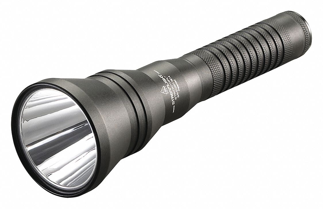 HANDHELD FLASHLIGHT, RECHARGEABLE, 615 LUMENS, 400 M BEAM, BLACK, 7 IN L/2.2 IN DIA, GLASS LENS