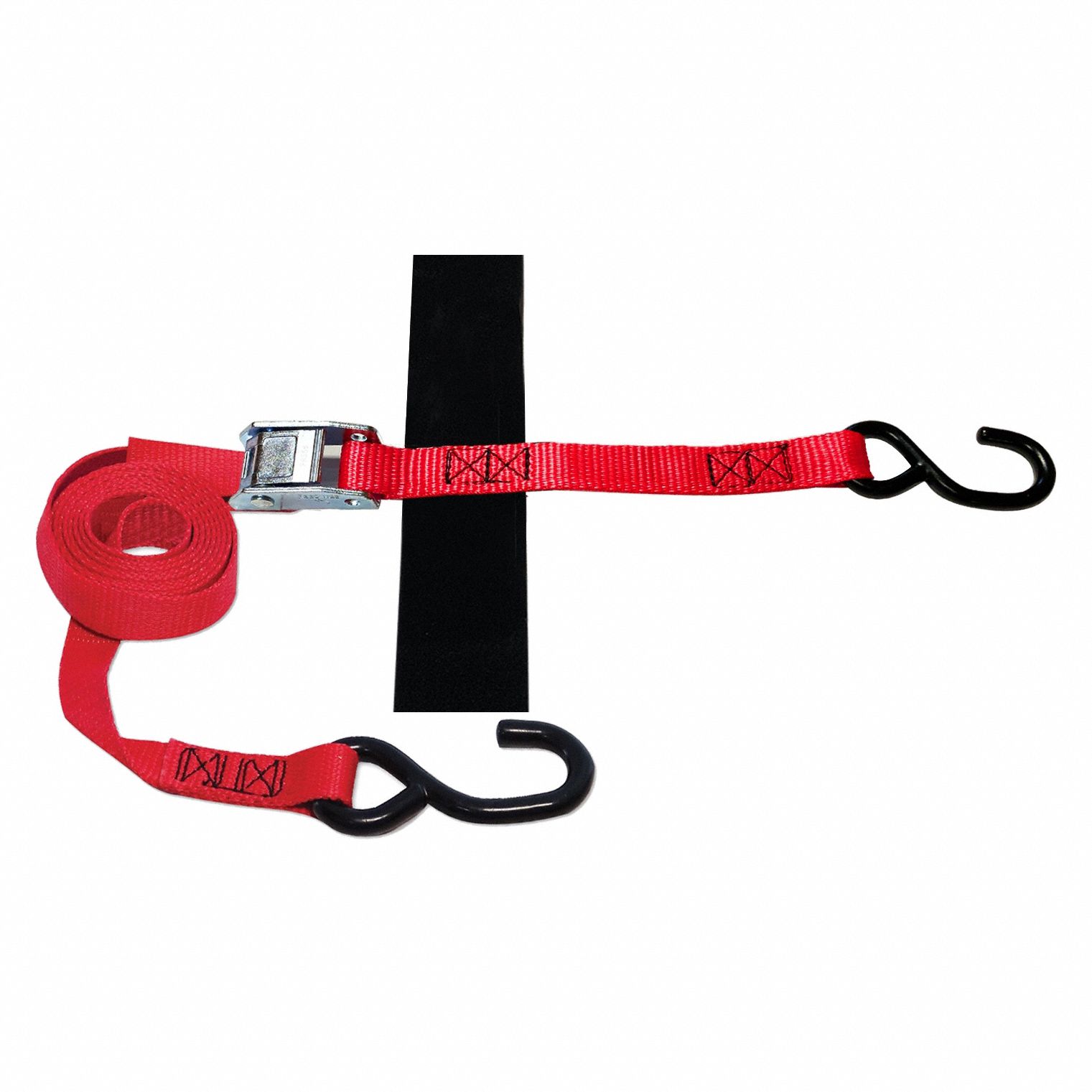 Tie Down Strap: Cam Buckle, S-Hook, Gen Purpose, 1 in Wd, 500 lb WLL, Red, 8 ft Lg