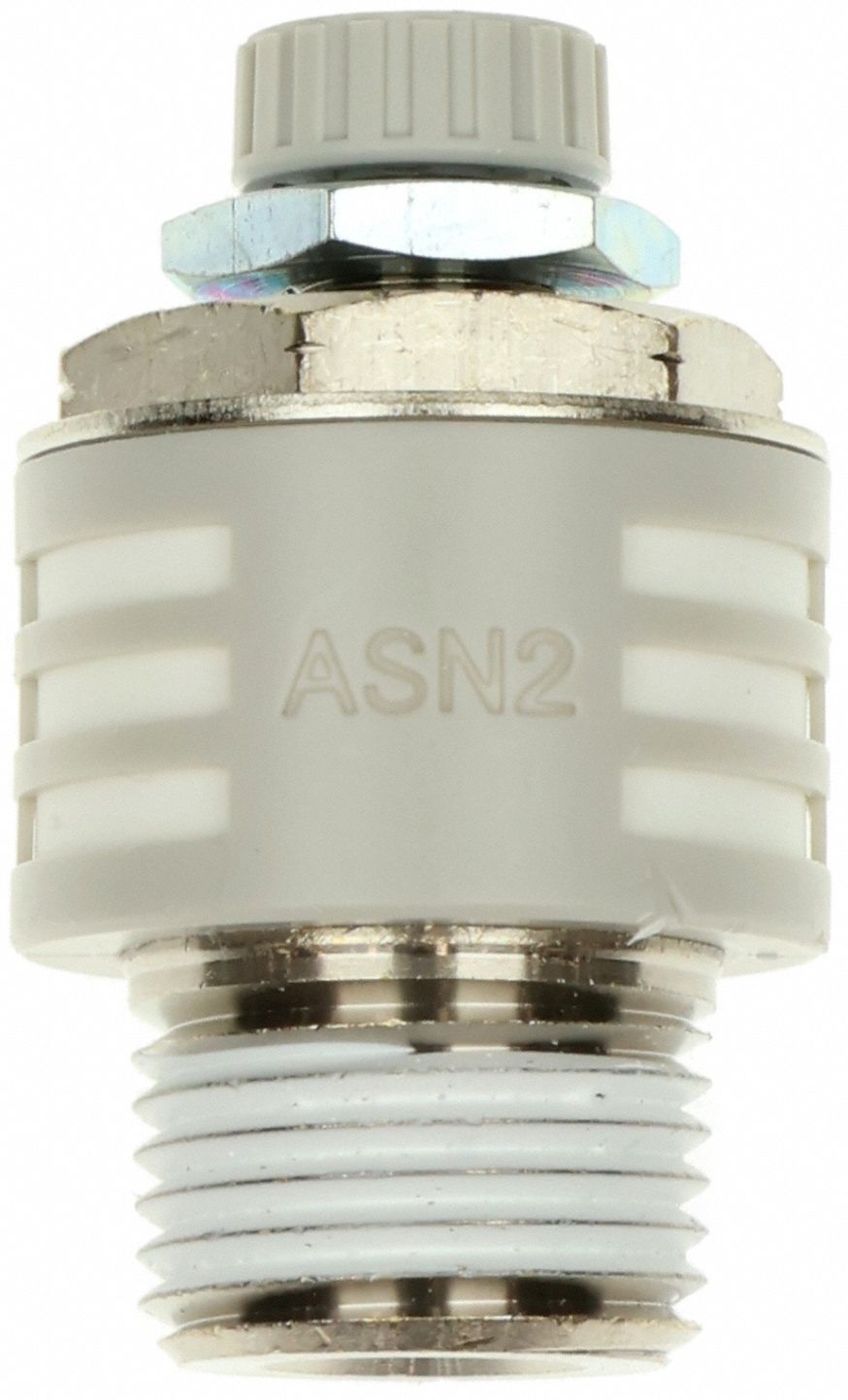 EXHAUST PORT FLOW CONTROL, THUMBWHEEL ADJUSTER, 1/4 IN MALE NPT THREAD, 145 PSI MAXIMUM