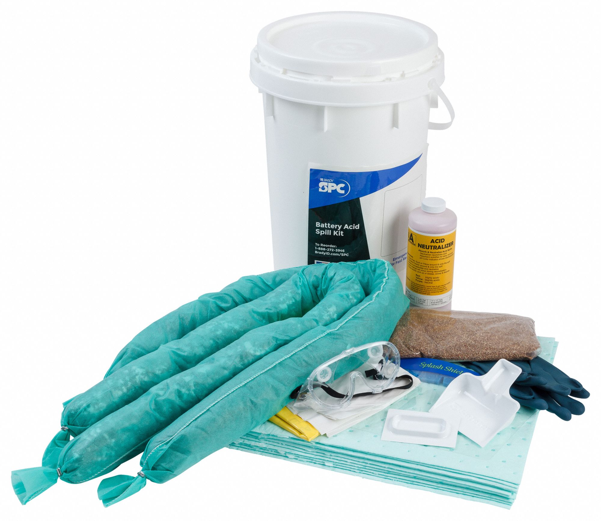 BATTERY ACID SPILL KIT, WHITE, 9 GAL CAPACITY, 18 IN HEIGHT, 10 PADS INCLUDED