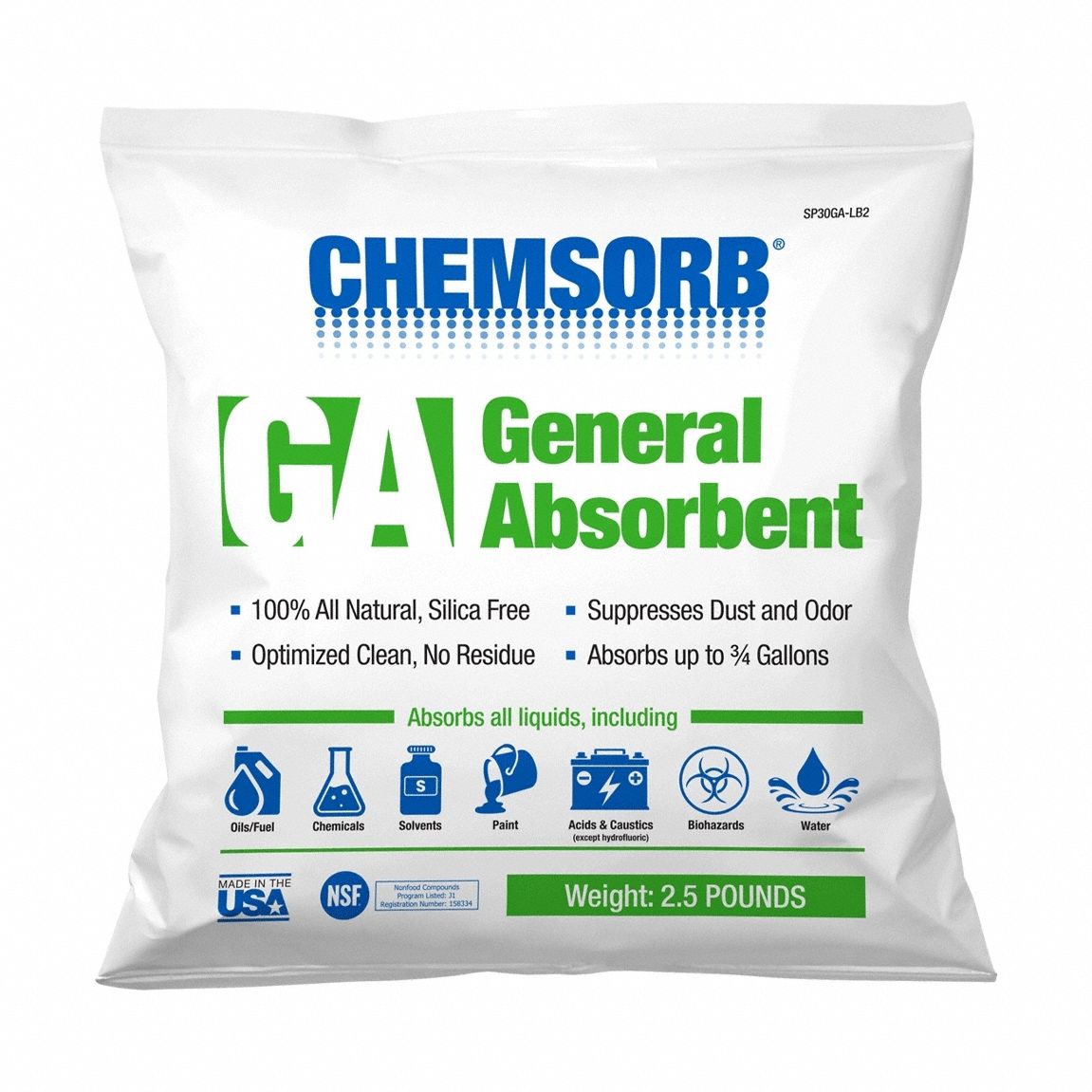 Granular Sorbent: Perlite, 3/4 gal Volume Absorbed per Pkg., 2.5 lb Wt, Bag, Silica Free