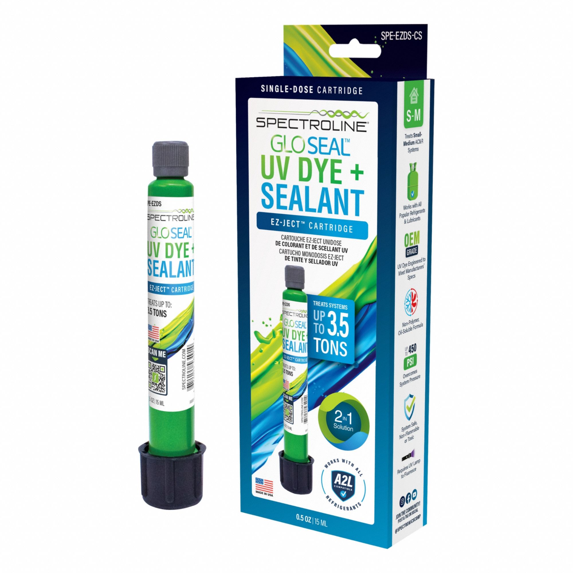 Refrigerant Leak Sealant: 0.5 oz, Cartridge, For Up To 3.5 ton, Fluorescent