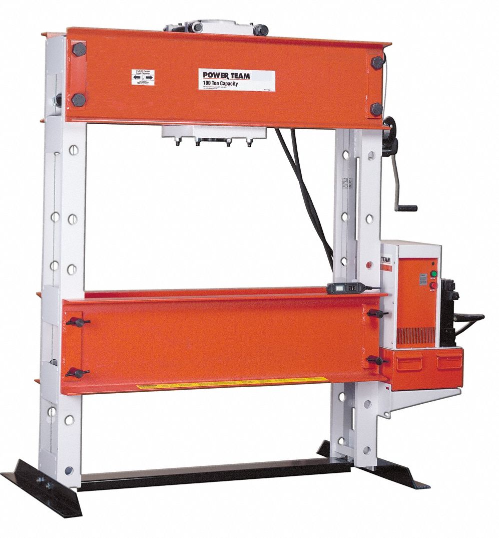 POWER TEAM H Frame Press 100T: Electric, H-Frame, 100 ton, 460V AC (MPN SPE10013DS). Key specifications — attr1088191: 460 V; attr1088151: POWER TEAM.