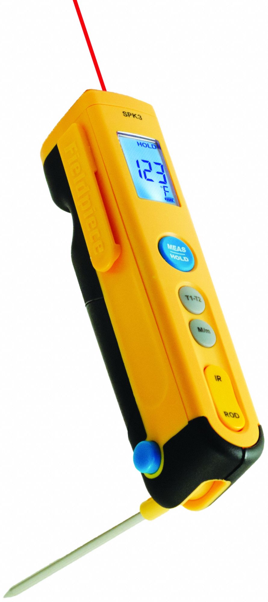 FIELDPIECE Dual Temperature Thermometer: SPK3, Max Temp/Min Temp, Fixed @ 0.95, Compact Body, -20°. Key specifications — Features: Folding ROD for in Duct Measurements; Testing Functions: Maximum Temperature; Standards: CE; Resolution °F: 0.1°F; 0.5°F; Manufacturer Part Number: SPK3; Body Style - NEW: Compact; Accuracy °F: +/-1.0°.