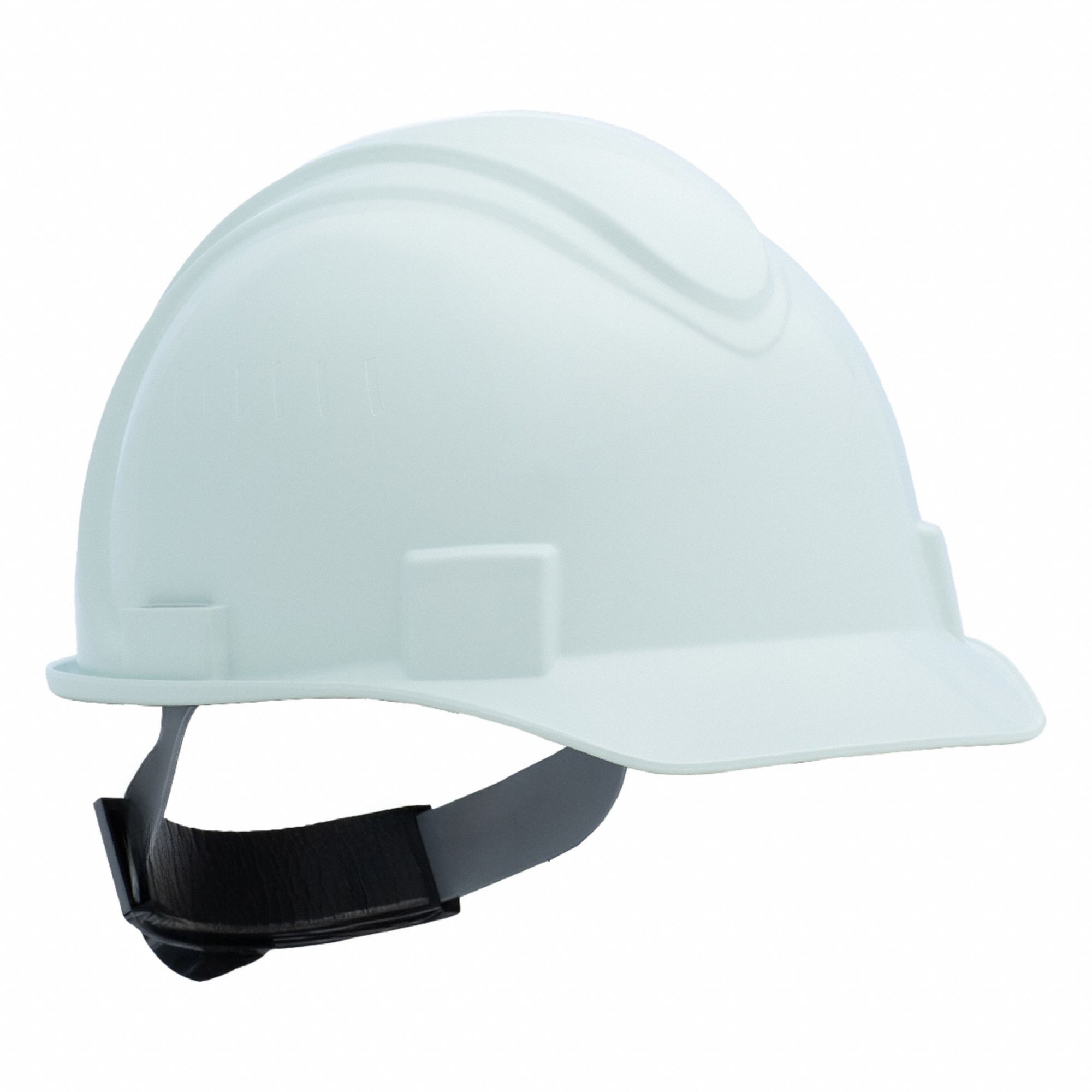 Hard Hat: White, No Graphics, Ratchet (4-Point), Ratchet, Polyethylene, Solid, Ratchet, White