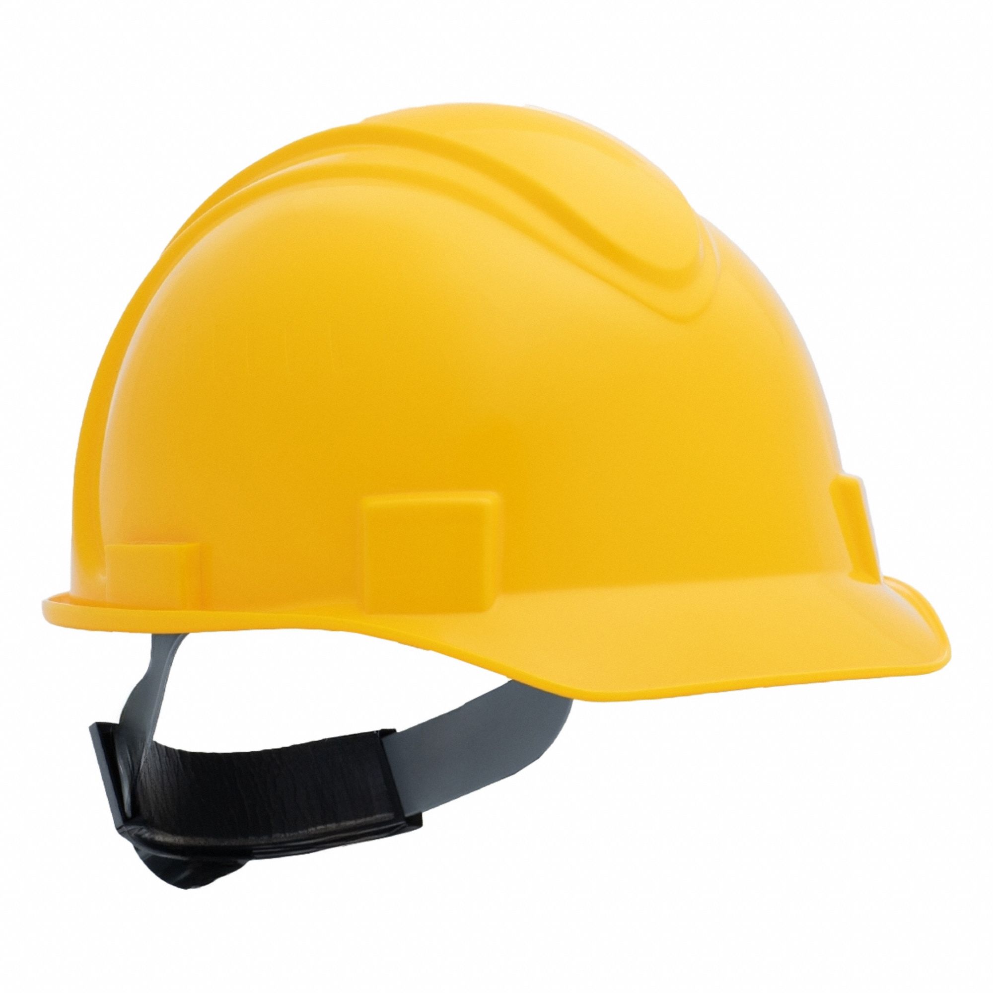 Hard Hat: Yellow, No Graphics, Ratchet (4-Point), Ratchet, Polyethylene, Solid, Ratchet