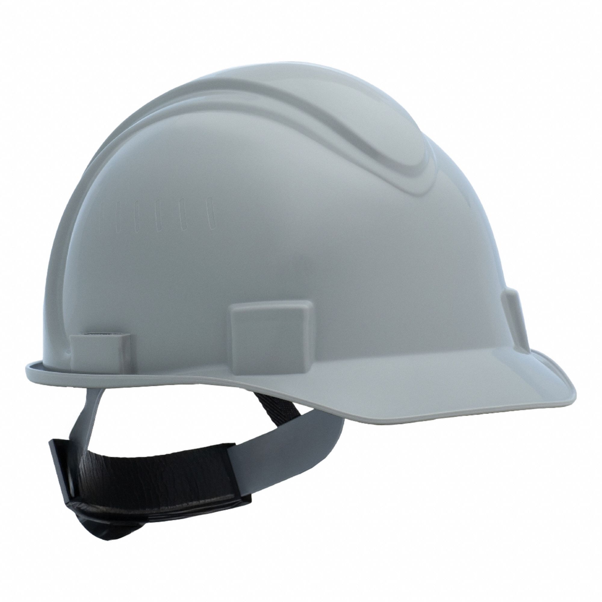 Hard Hat: Gray, No Graphics, Ratchet (4-Point), Ratchet, Polyethylene, Solid, Ratchet, Gray